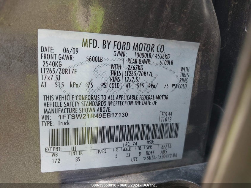 2009 Ford F-250 Fx4/Harley-Davidson/King Ranch/Lariat/Xl/Xlt VIN: 1FTSW21R49EB17130 Lot: 39550818