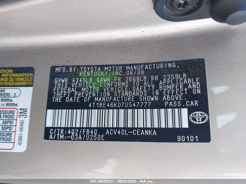 2007 Toyota Camry Le VIN: 4T1BE46K07U547777 Lot: 39550821