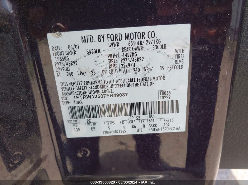 2007 Ford F-150 Lariat VIN: 1FTRW12587FB49087 Lot: 39550829