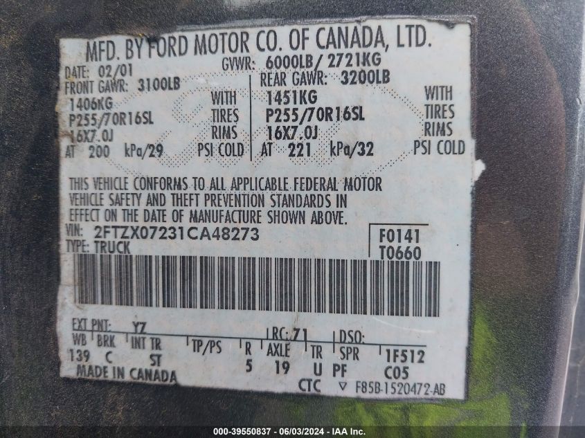 2001 Ford F-150 Xl/Xlt VIN: 2FTZX07231CA48273 Lot: 39550837