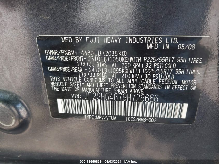 2009 Subaru Forester 2.5X Limited VIN: JF2SH64679H726666 Lot: 39550839