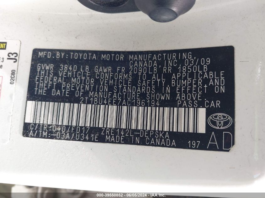 2010 Toyota Corolla S VIN: 2T1BU4EE7AC196194 Lot: 39550852