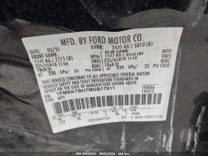 2021 Ford Explorer VIN: 1FMSK7BH7MGB17811 Lot: 39550883