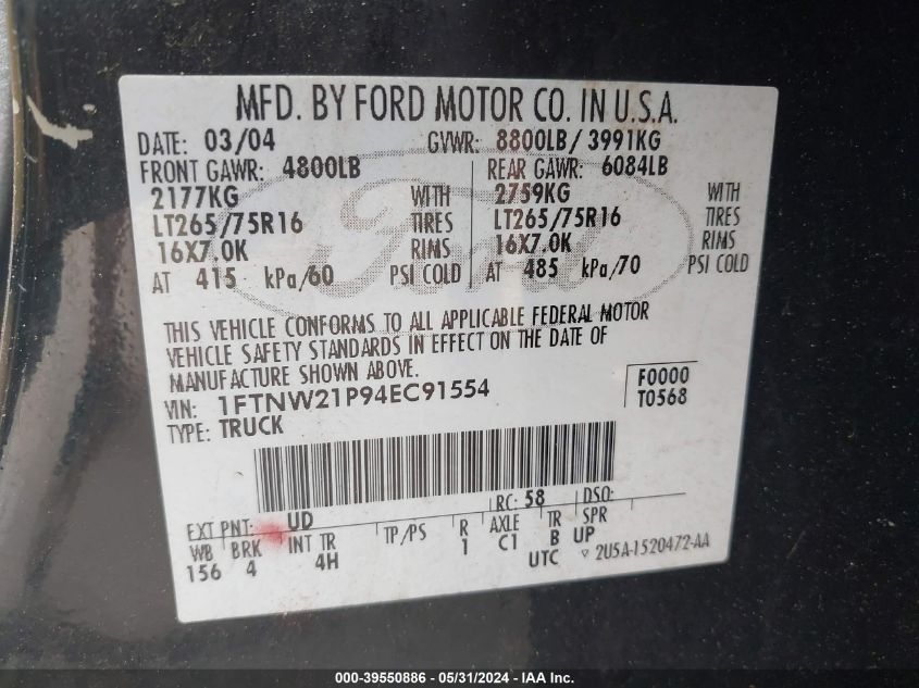 2004 Ford F-250 Lariat/Xl/Xlt VIN: 1FTNW21P94EC91554 Lot: 39550886