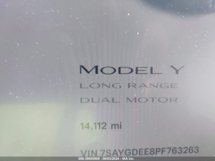 2023 Tesla Model Y Awd/Long Range Dual Motor All-Wheel Drive VIN: 7SAYGDEE8PF763263 Lot: 39550900