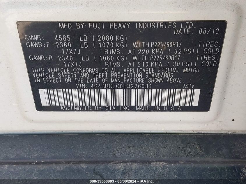 2014 Subaru Outback 2.5I Limited VIN: 4S4BRCLC0E3226031 Lot: 39550903