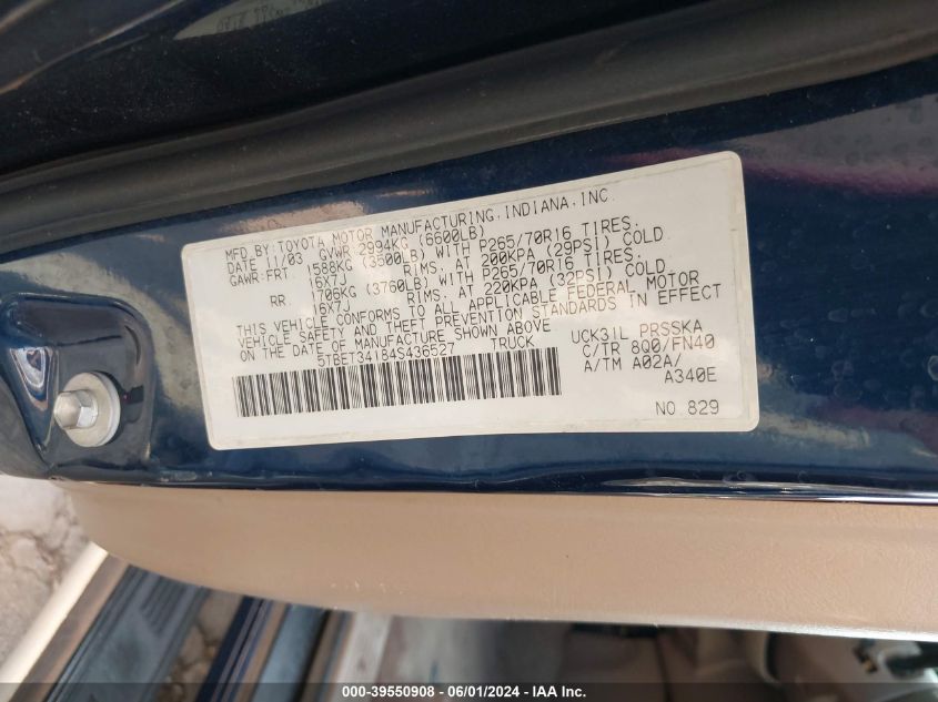 2004 Toyota Tundra Sr5 V8 VIN: 5TBET34184S436527 Lot: 39550908