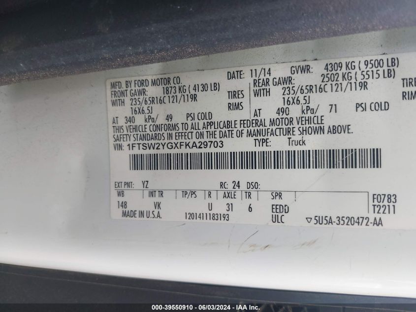 2015 Ford Transit-350 VIN: 1FTSW2YGXFKA29703 Lot: 39550910