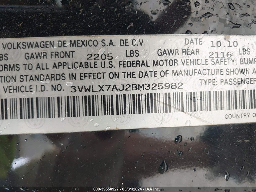 2011 Volkswagen Jetta 2.5L Sel VIN: 3VWLX7AJ2BM325982 Lot: 39550927
