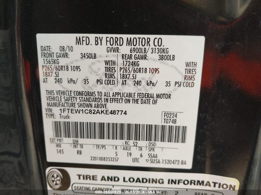 2010 Ford F-150 Fx2 Sport/Xl/Xlt VIN: 1FTEW1C82AKE48774 Lot: 39550929