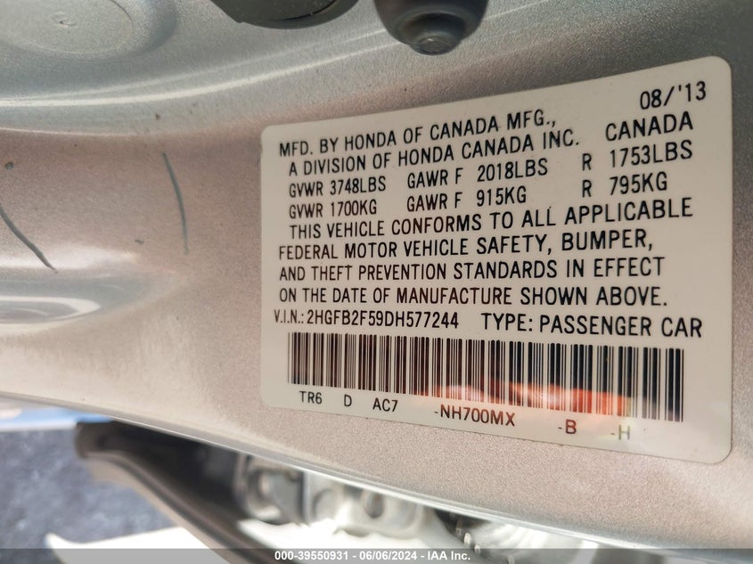 2013 Honda Civic Lx VIN: 2HGFB2F59DH577244 Lot: 39550931