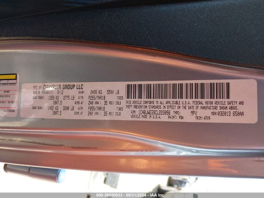 2012 Jeep Wrangler Unlimited Sahara VIN: 1C4BJWEG9CL223056 Lot: 39550933