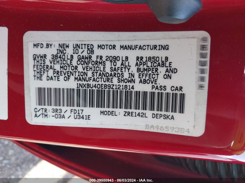 2009 Toyota Corolla S/Le/Xle VIN: 1NXBU40E89Z121814 Lot: 39550943