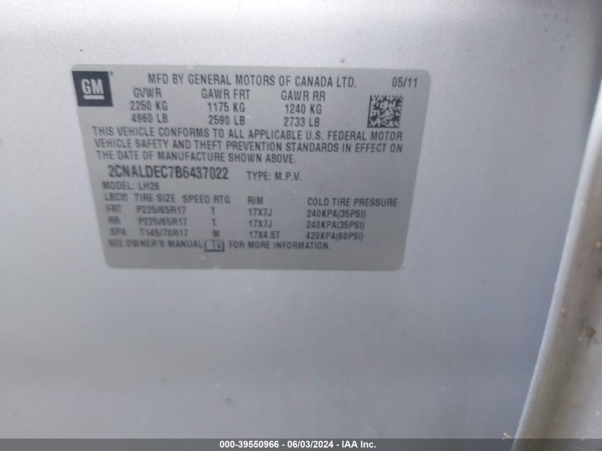 2011 Chevrolet Equinox 1Lt VIN: 2CNALDEC7B6437022 Lot: 39550966