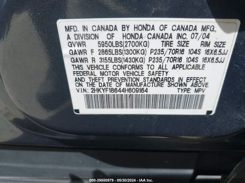 2004 Honda Pilot Ex-L VIN: 2HKYF18644H609164 Lot: 39550979