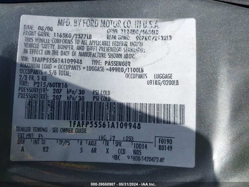 2001 Ford Taurus Ses VIN: 1FAFP55561A109948 Lot: 39550987