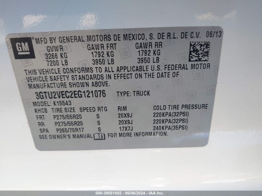 2014 GMC Sierra 1500 Slt VIN: 3GTU2VEC2EG121076 Lot: 39551002