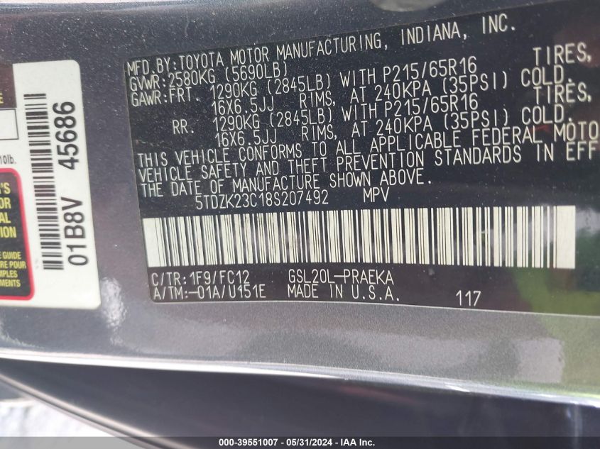 2008 Toyota Sienna Le VIN: 5TDZK23C18S207492 Lot: 39551007