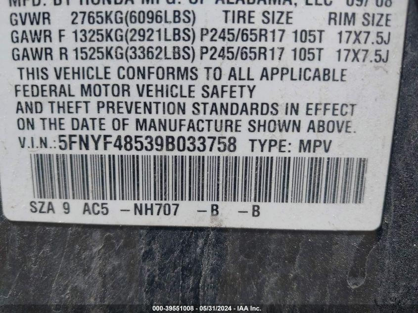 2009 Honda Pilot Ex-L VIN: 5FNYF48539B033758 Lot: 39551008
