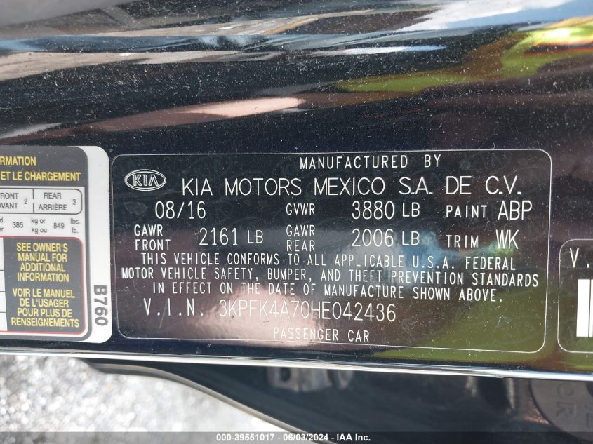 2017 Kia Forte Lx VIN: 3KPFK4A70HE042436 Lot: 39551017