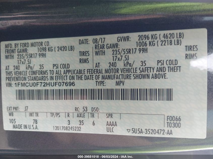 2017 Ford Escape S VIN: 1FMCU0F72HUF07696 Lot: 39551018