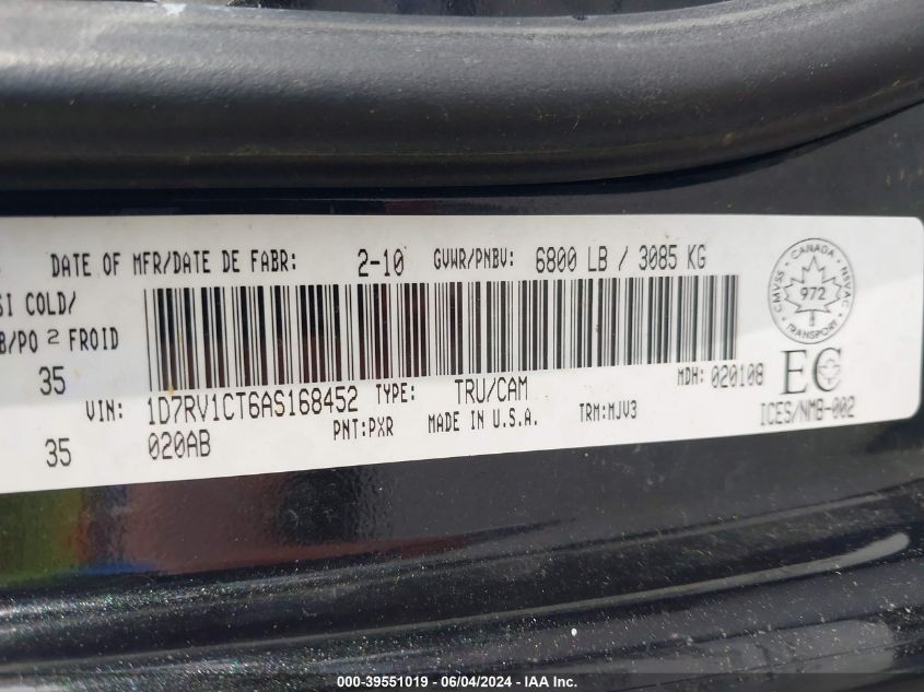 2010 Dodge Ram 1500 Slt/Sport/Trx VIN: 1D7RV1CT6AS168452 Lot: 39551019