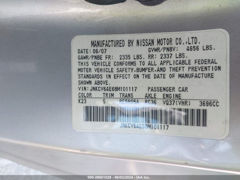 2008 Infiniti G37 Journey VIN: JNKCV64E68M101117 Lot: 39551029