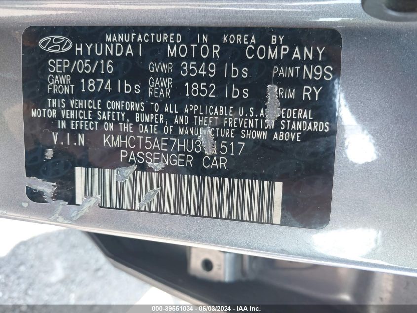 2017 Hyundai Accent Se VIN: KMHCT5AE7HU311517 Lot: 39551034
