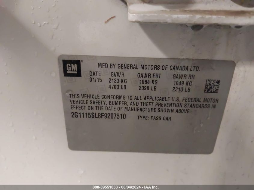 2015 Chevrolet Impala 1Lt VIN: 2G1115SL8F9207510 Lot: 39551038