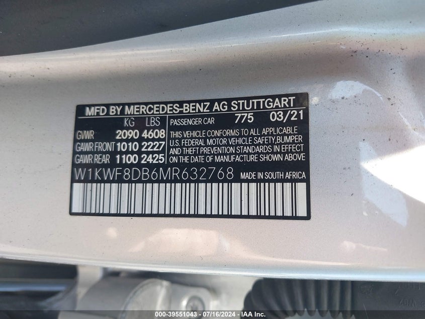 2021 Mercedes-Benz C 300 Sedan VIN: W1KWF8DB6MR632768 Lot: 39551043