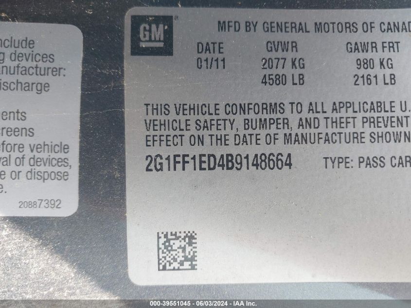 2011 Chevrolet Camaro 1Lt VIN: 2G1FF1ED4B9148664 Lot: 39551045