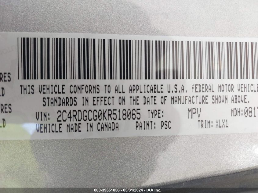 2019 Dodge Grand Caravan Sxt VIN: 2C4RDGCG0KR518065 Lot: 39551056