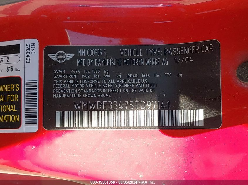 2005 Mini Cooper S VIN: WMWRE33475TD97141 Lot: 39551058