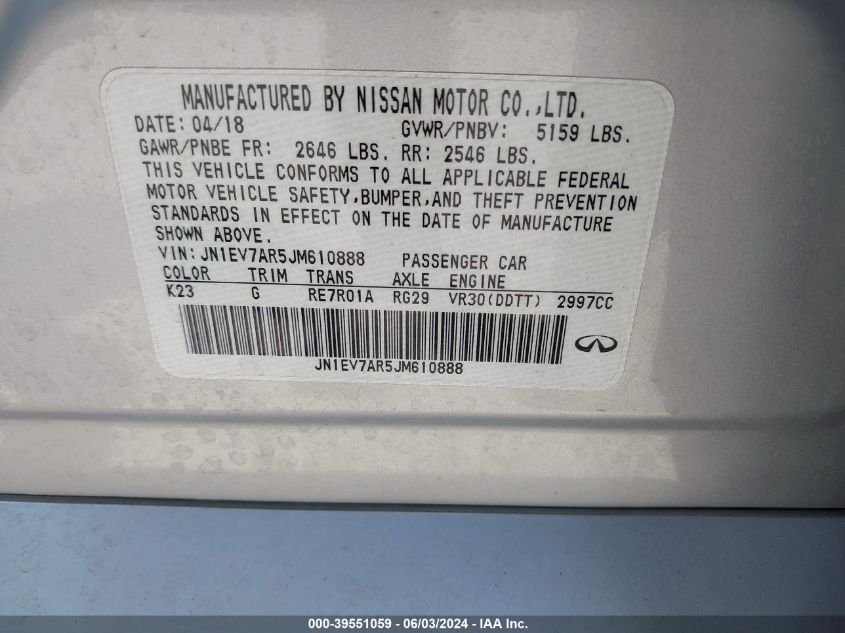 2018 Infiniti Q50 3.0T Luxe VIN: JN1EV7AR5JM610888 Lot: 39551059