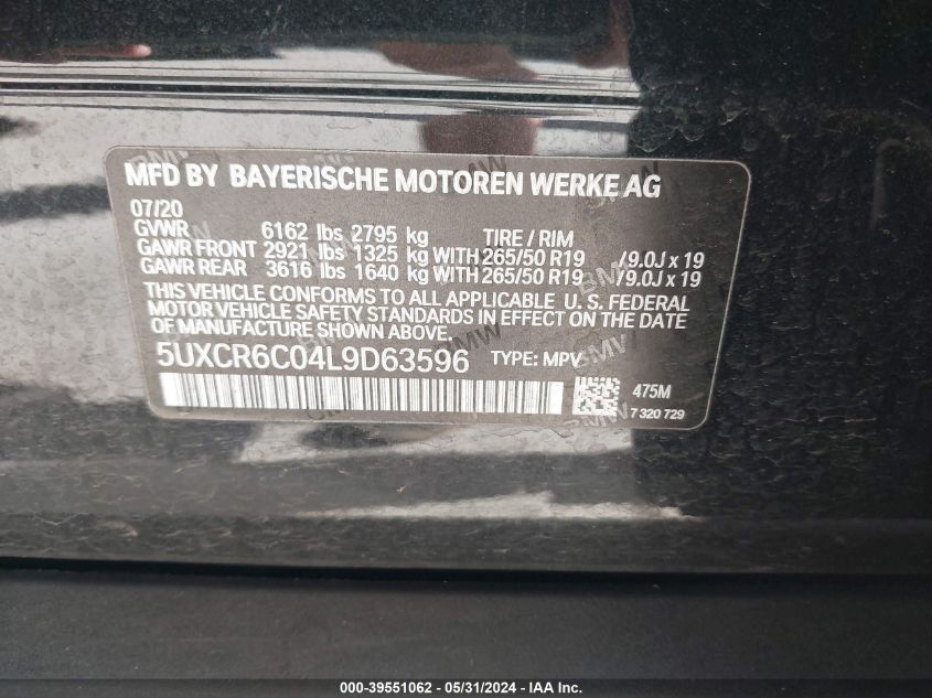 2020 BMW X5 xDrive40I VIN: 5UXCR6C04L9D63596 Lot: 39551062