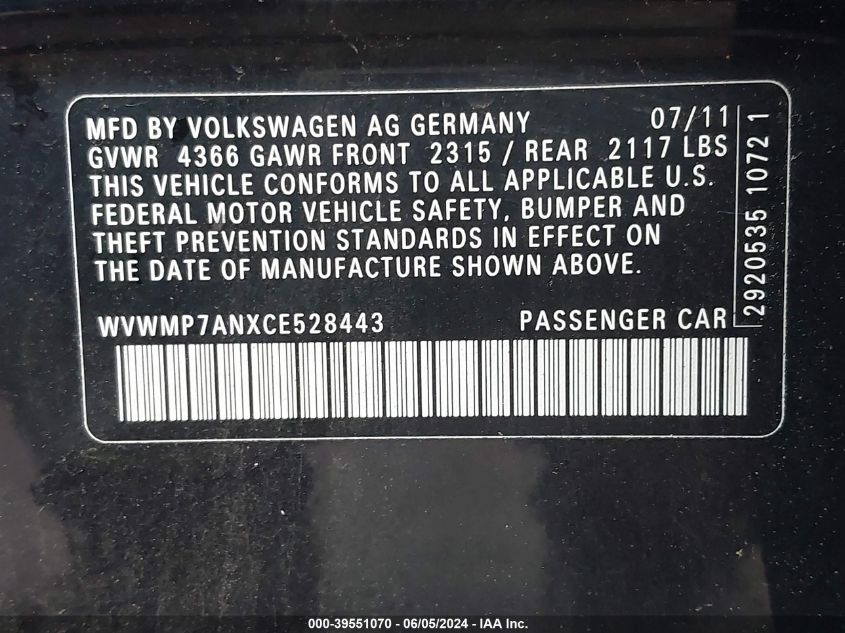 2012 Volkswagen Cc Sport VIN: WVWMP7ANXCE528443 Lot: 39551070