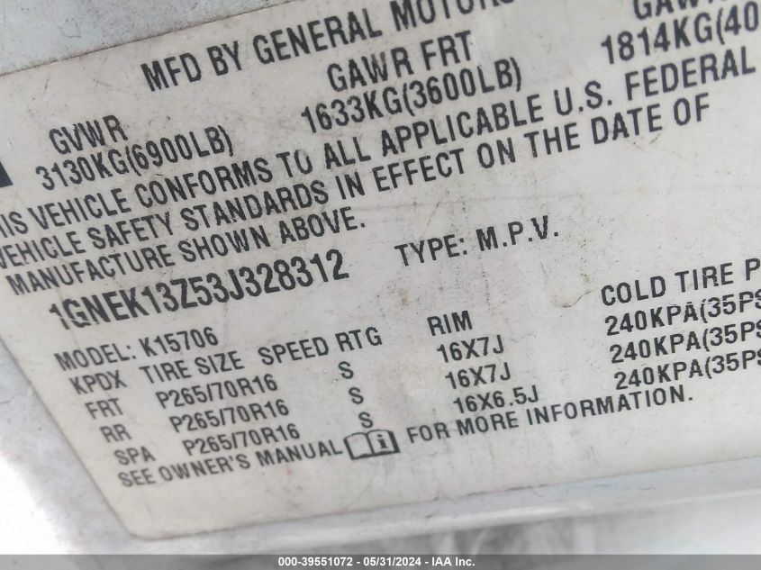 2003 Chevrolet Tahoe Lt VIN: 1GNEK13Z53J328312 Lot: 39551072