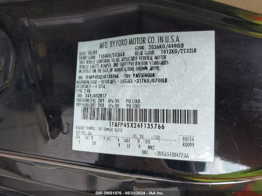 2004 Ford Mustang Gt VIN: 1FAFP45X24F135766 Lot: 39551076