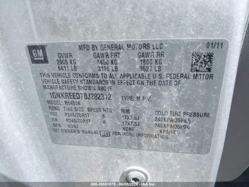 2011 Chevrolet Traverse Ls VIN: 1GNKREED7BJ282312 Lot: 39551079