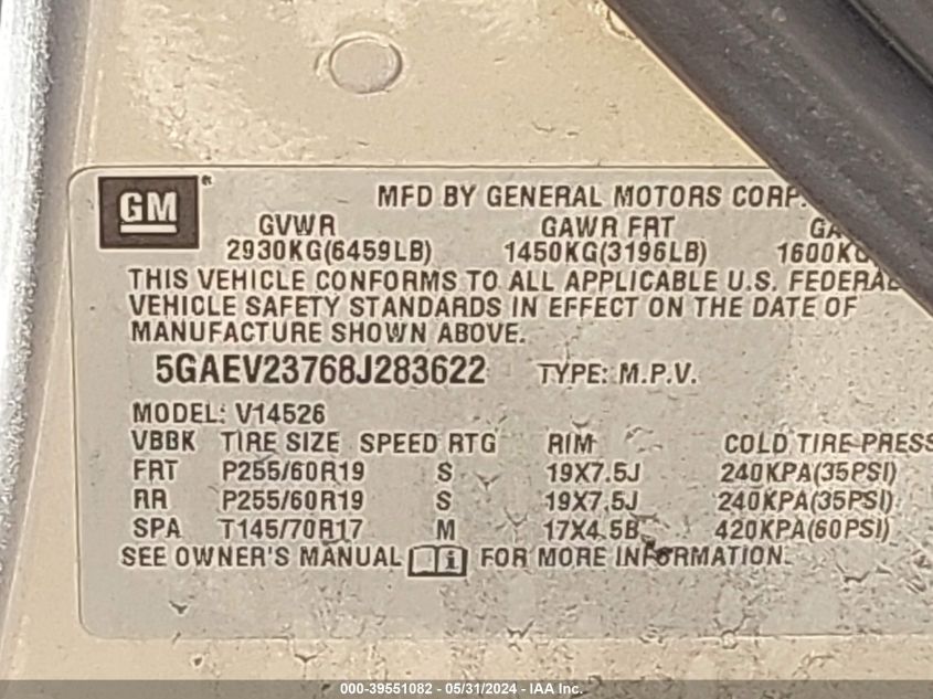 2008 Buick Enclave Cxl VIN: 5GAEV23768J283622 Lot: 39551082