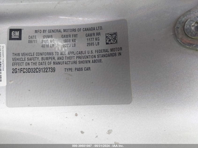 2012 Chevrolet Camaro 2Lt VIN: 2G1FC3D32C9122739 Lot: 39551087