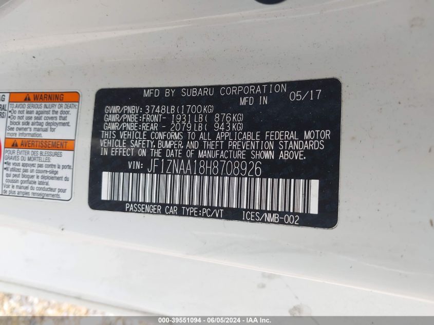 2017 Toyota 86 VIN: JF1ZNAA18H8708926 Lot: 39551094