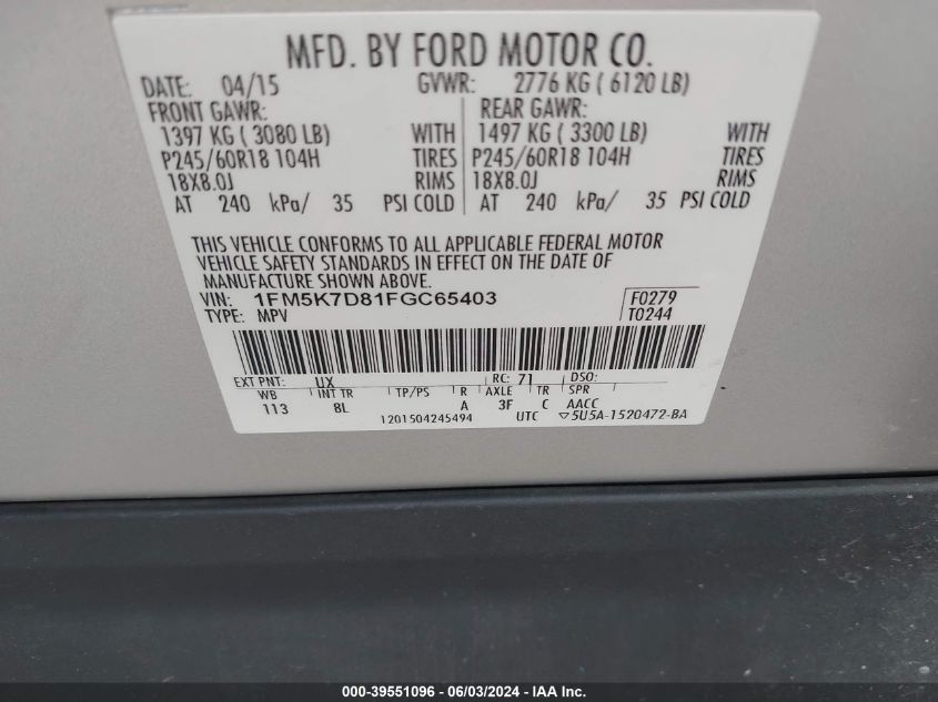 2015 Ford Explorer Xlt VIN: 1FM5K7D81FGC65403 Lot: 39551096