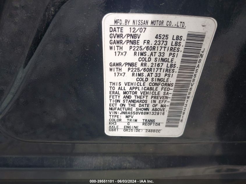 2008 Nissan Rogue Sl VIN: JN8AS58V68W132916 Lot: 39551101