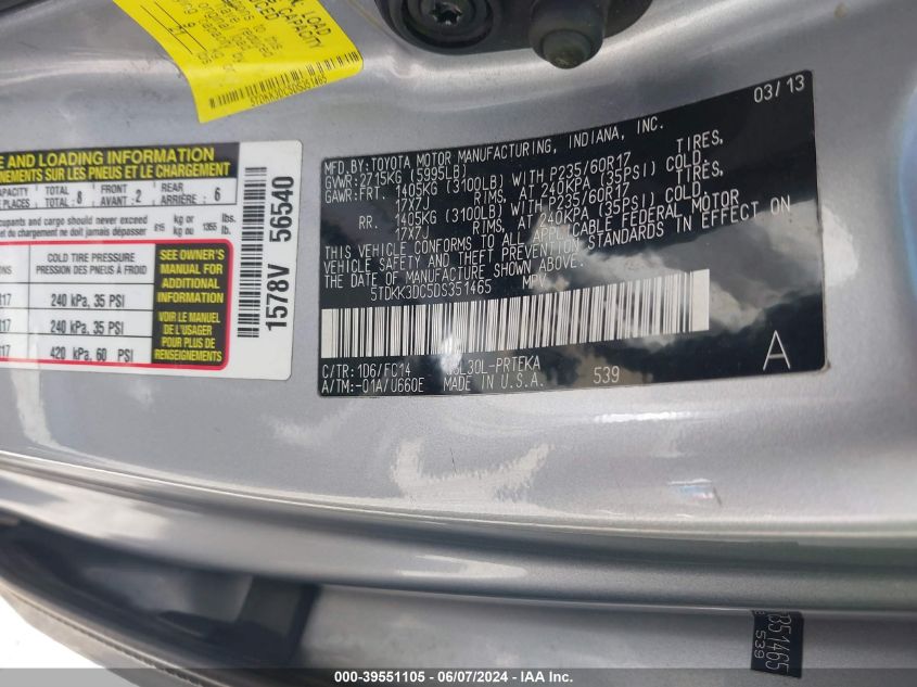 2013 Toyota Sienna Le V6 8 Passenger VIN: 5TDKK3DC5DS351465 Lot: 39551105