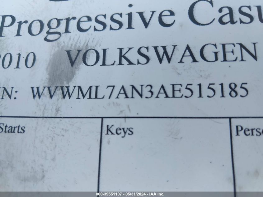 2010 Volkswagen Cc Sport VIN: WVWML7AN3AE515185 Lot: 39551107