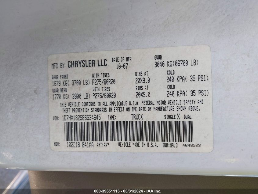 2008 Dodge Ram 1500 St/Slt VIN: 1D7HA18258S534645 Lot: 39551115