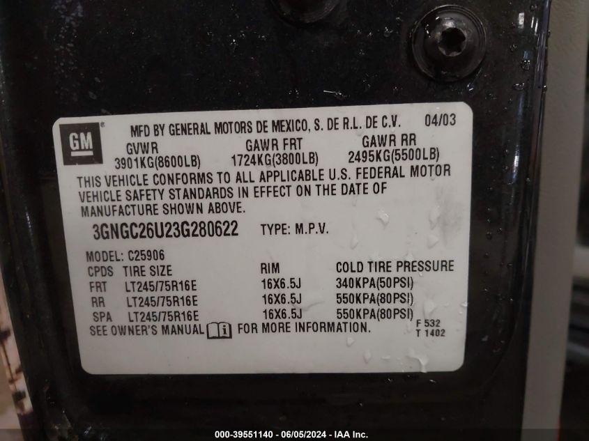 2003 Chevrolet Suburban 2500 Lt VIN: 3GNGC26U23G280622 Lot: 39551140