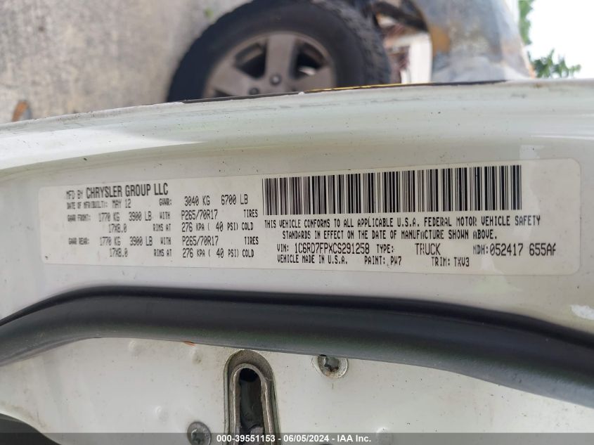 2012 Ram 1500 St VIN: 1C6RD7FPXCS291258 Lot: 39551153