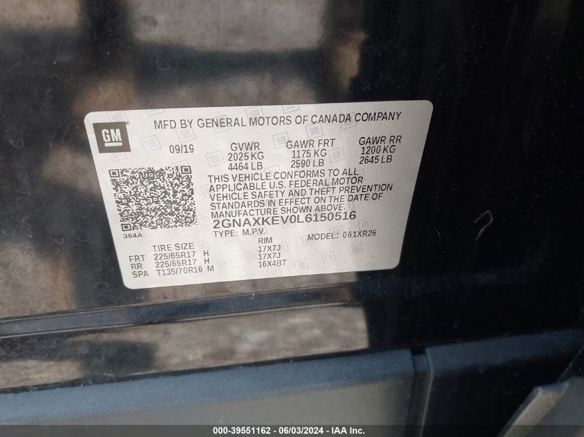 2020 Chevrolet Equinox Fwd Lt 1.5L Turbo VIN: 2GNAXKEV0L6150516 Lot: 39551162